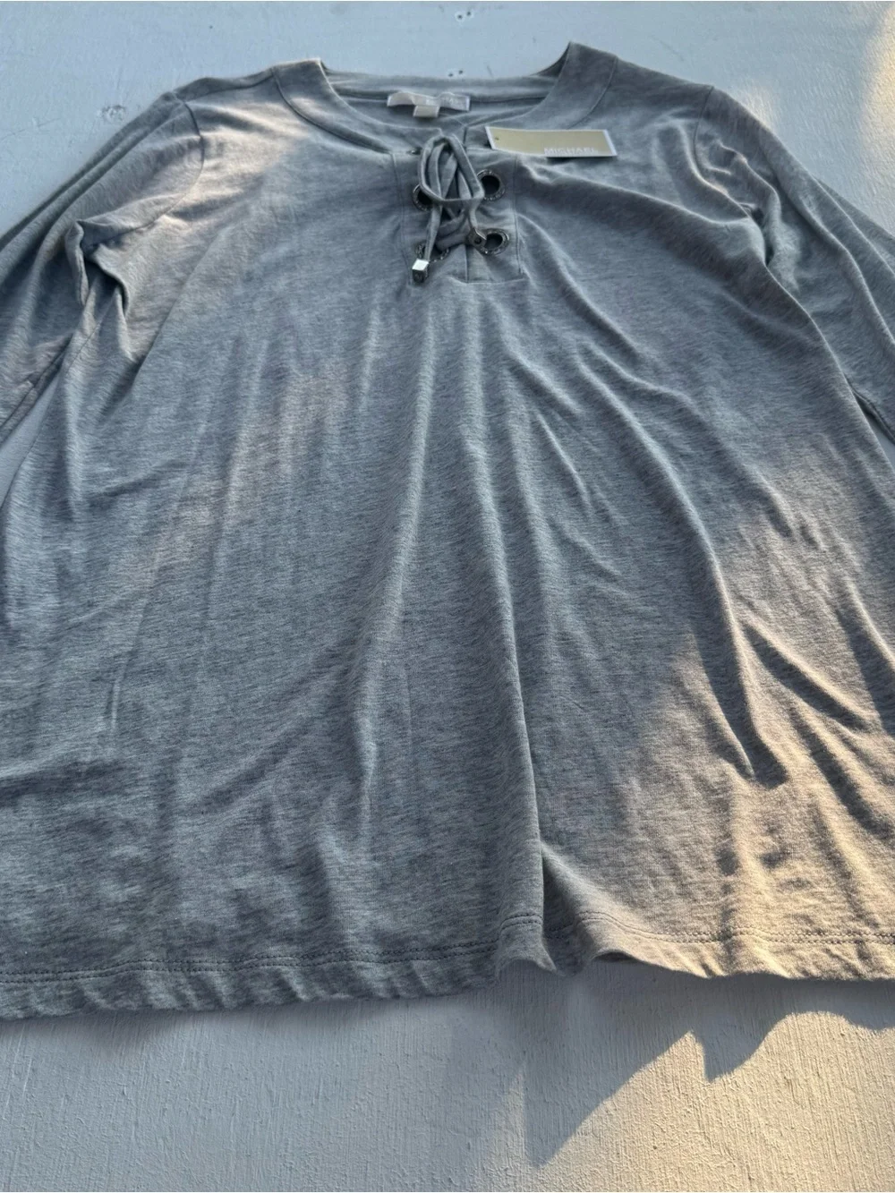 NWT Michael Kors Woman’s Grey Long Sleeve Lace Up Neck Flared Bell Sleeves Sz L